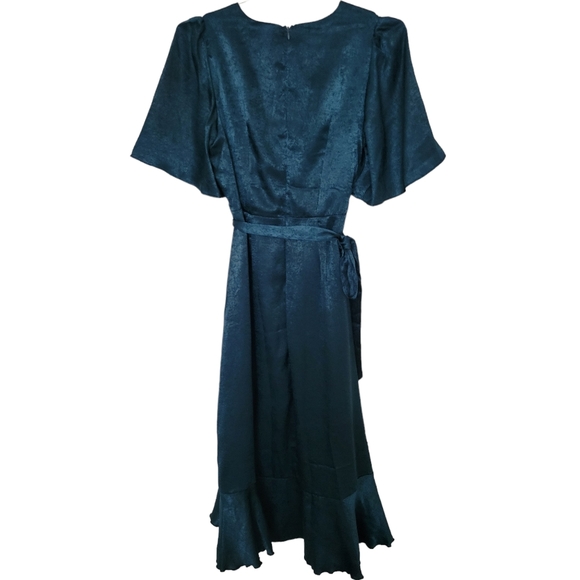Lulus Wrapped Up In Love Dark Green Satin Faux-Wrap Midi Dress Sz S - Picture 3 of 12